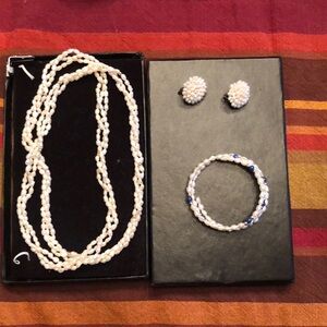 Vintage cultured rice pearl necklace, earring and bracelet set